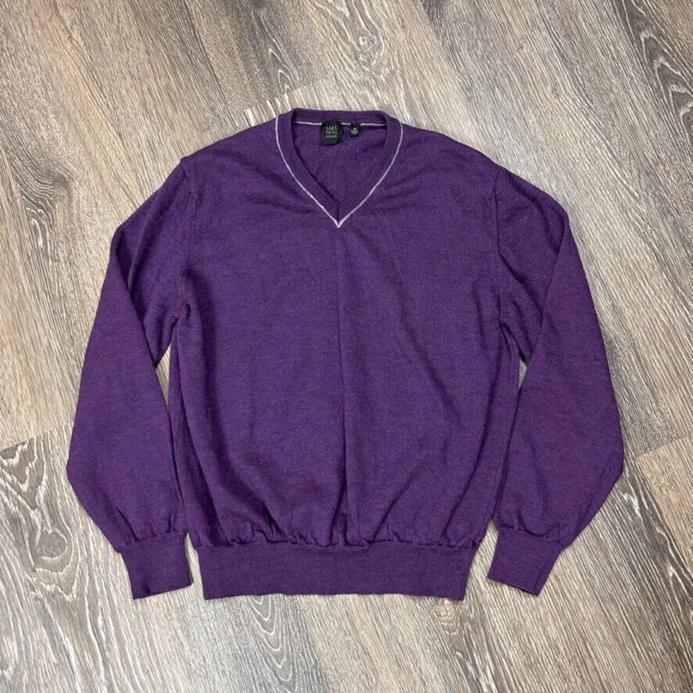Saks Fifth Ave Italian Purple Extra Fine Merino Wool V Neck Sweater Size M EUC